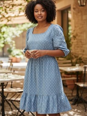 LOFT Chambray Blue Square-Neck Puff Sleeve Mini Dress with Tie Back 100% Cotton